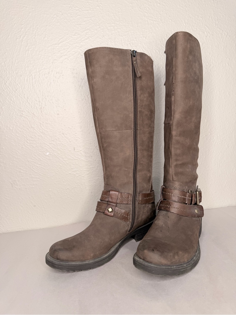 Earth Sierra brown harness strap tall riding boot suede